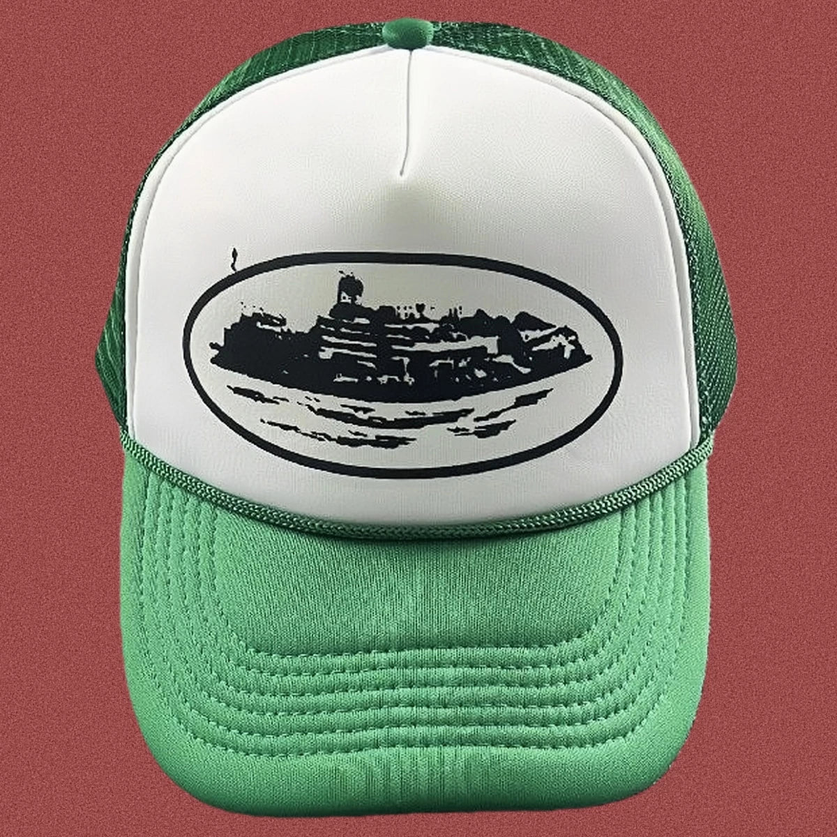 Corteiz Vintage Green and White Trucker Hat with Oval Cruise Ship Graphic