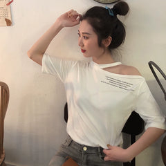 2023 early summer new black chic half sleeved hanging neck off shoulder top, women's American style base short sleeved t-shirt, ins trend