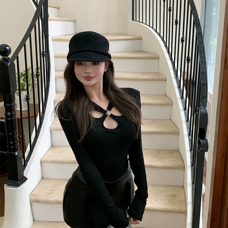 Foreign trade pure desire style spicy girl black hollow out velvet T-shirt for women in winter, slim fit design, warm base shirt top