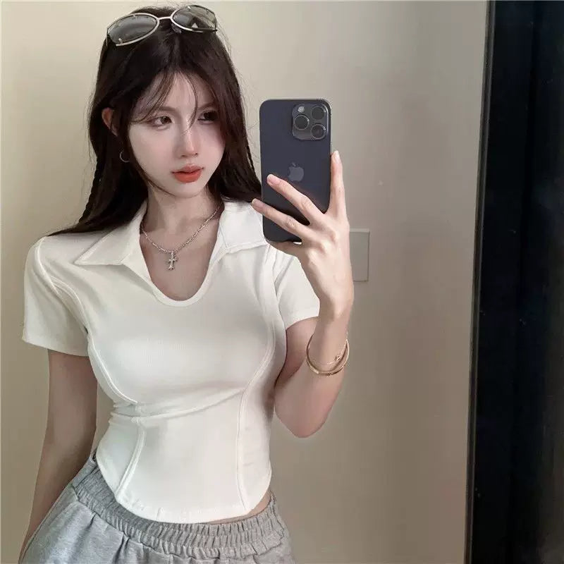 Pure desire style white U-neck short sleeved T-shirt for women, slim fit and waist cinching, spicy girl, slimming design sense, short style, elegant clothes