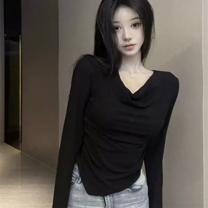 Foreign trade pure cotton new style swing collar base shirt, pure desire for inner matching, slimming long sleeved temperament top, sweet and spicy girl slim fit T-shirt