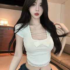 Foreign trade pure desire wind bow U-neck short sleeved T-shirt for women's summer sweet and spicy girls, tight fitting pure cotton white lace short top