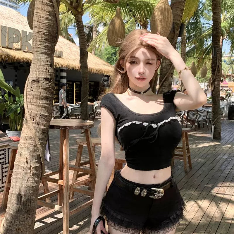 Foreign trade sexy bow lace lace U-neck short sleeved T-shirt for women summer black slim fit backless short top for spicy girls