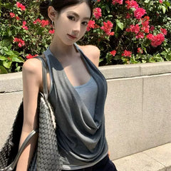 Foreign trade fake two collar camisoles women's summer sleeveless outerwear design pure desire style spicy girl gray top