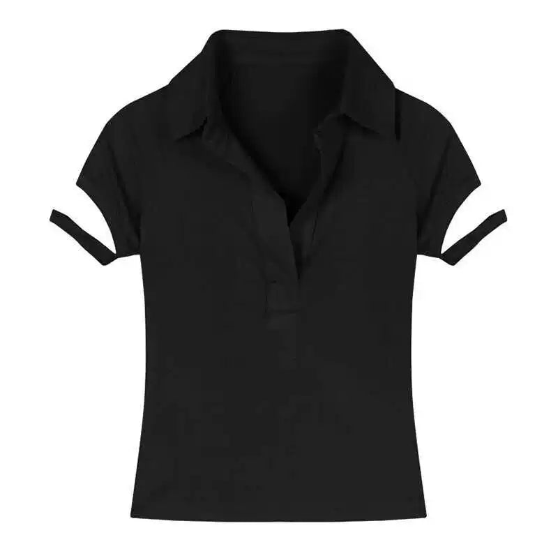 Internet celebrity female anchor livestreams on camera, wearing sexy and stylish clothes with a design sense of polo collar, sweet and spicy girl T-shirt, short top
