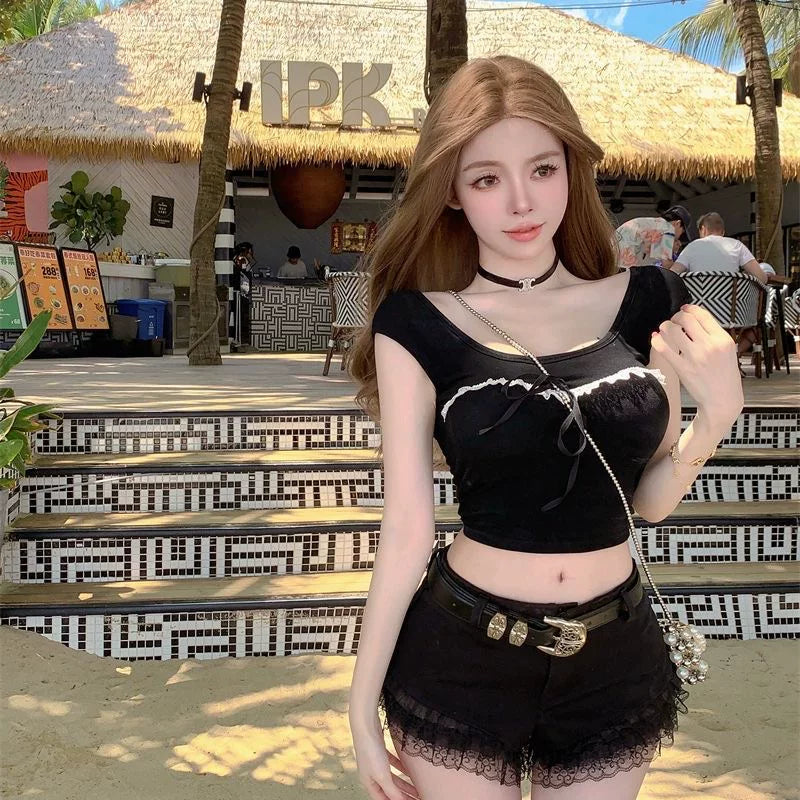 Foreign trade sexy hot girl short sleeved t-shirt women backless summer pure cotton slim fit U-neck lace pure desire short style crop top