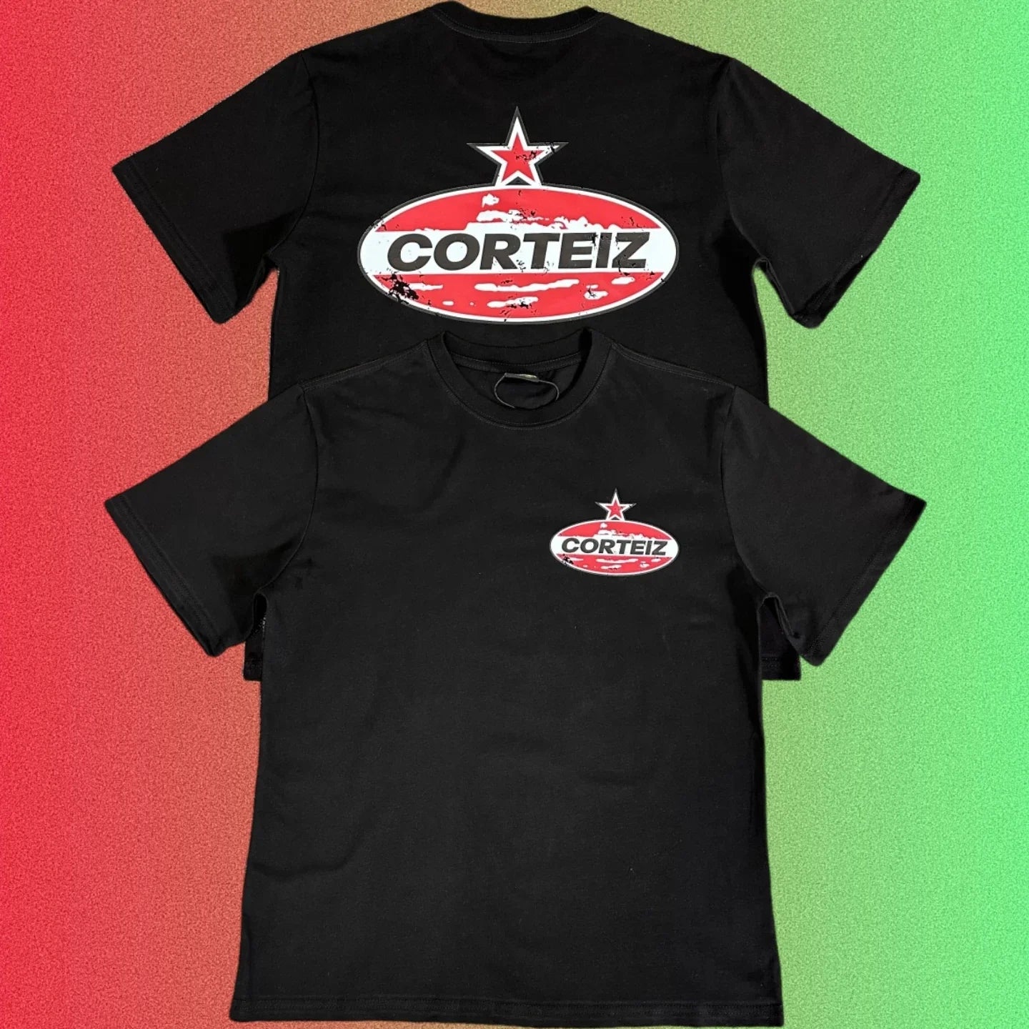 Cortiez Red Star Oval Logo Graphic Black T-Shirt (Front & Back Print)