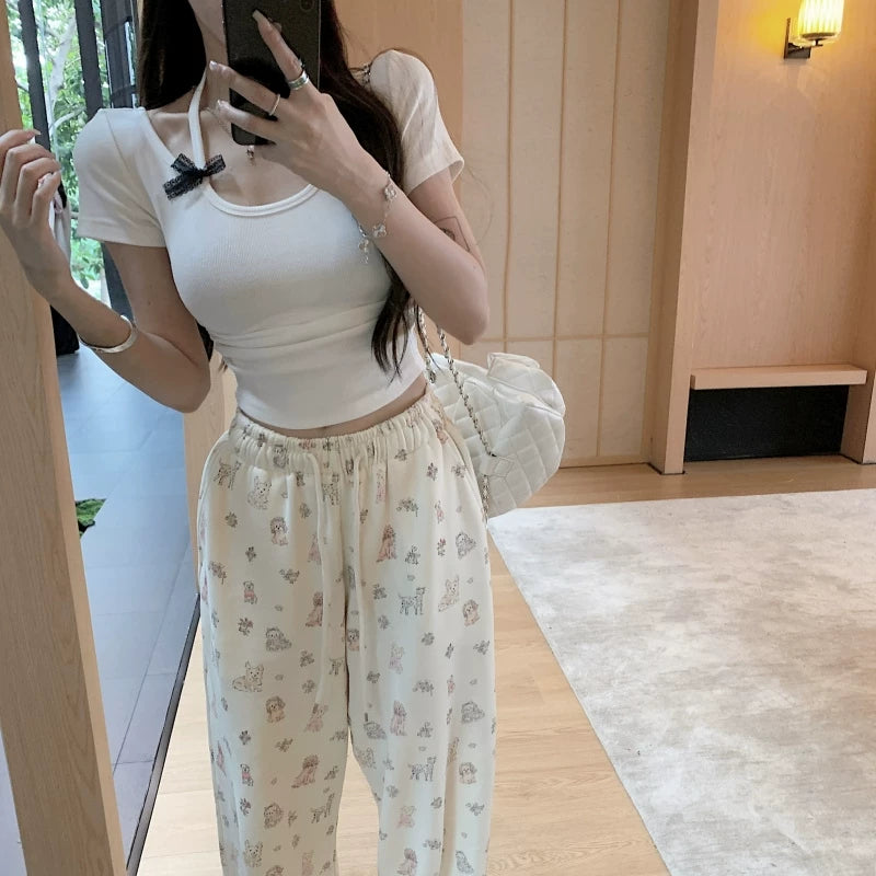 Foreign trade pure desire style hanging neck, super cute and high-end feeling, handmade butterfly bow showing CUP cut men's T-shirt, short sleeved women's pure cotton top