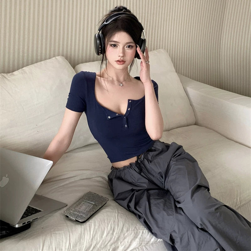 Foreign trade spicy girl short sleeved T-shirt women's shoulder summer 2024 new item pure desire style design feeling pure cotton short top women