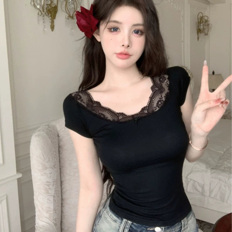 Foreign trade pure desire style spicy girl lace lace lace design sense short sleeved T-shirt summer slim fit temperament pure cotton short top