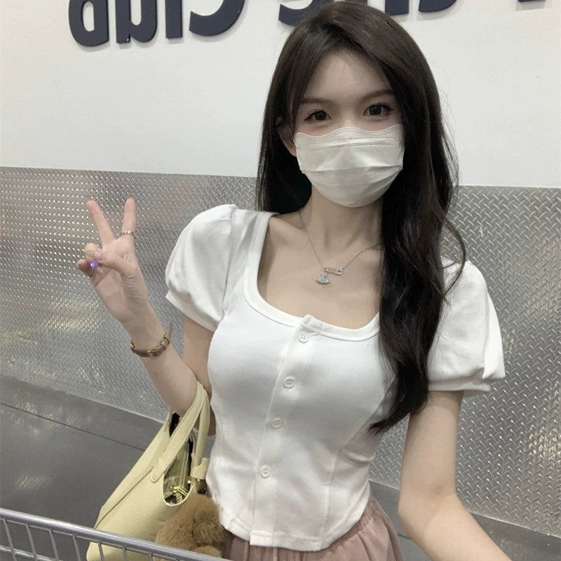 Sweet and cute square neck bubble sleeve short sleeved T-shirt for spicy women, slim fit short cardigan, stunning solid color upper garment