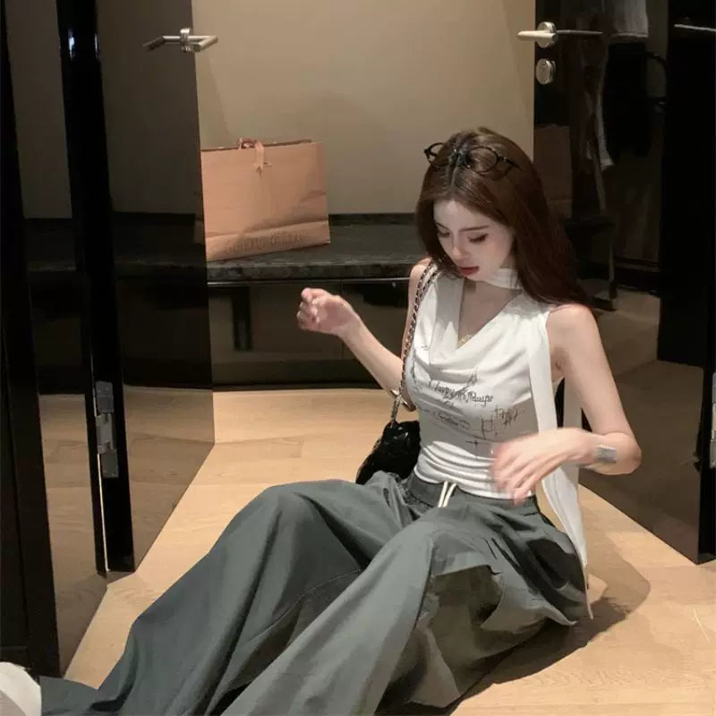 Foreign Trade Sweet and Spicy Style Swinging Collar with Letter Printed Tank Top for Women's Summer, Tailored and Slim Design, Hanging on the Neck, Trendy Clothes