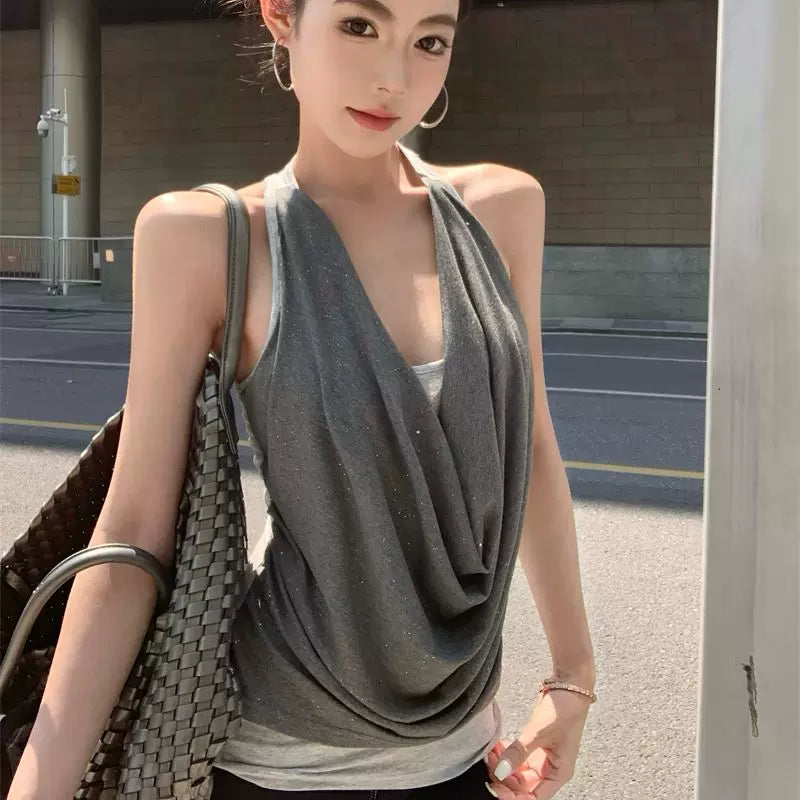 Foreign trade fake two collar camisoles women's summer sleeveless outerwear design pure desire style spicy girl gray top