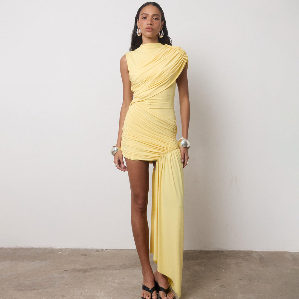 2026 European and American women's summer new fashionable slim fit round neck pleated bag hip irregular sleeveless sexy dress