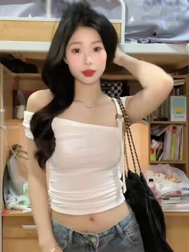 Foreign trade pure desire style short sleeved T-shirt for women's summer new slim fit sweet and spicy girl backless sloping neck pure cotton short ins top