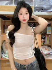 Foreign trade pure desire style short sleeved T-shirt for women's summer new slim fit sweet and spicy girl backless sloping neck pure cotton short ins top