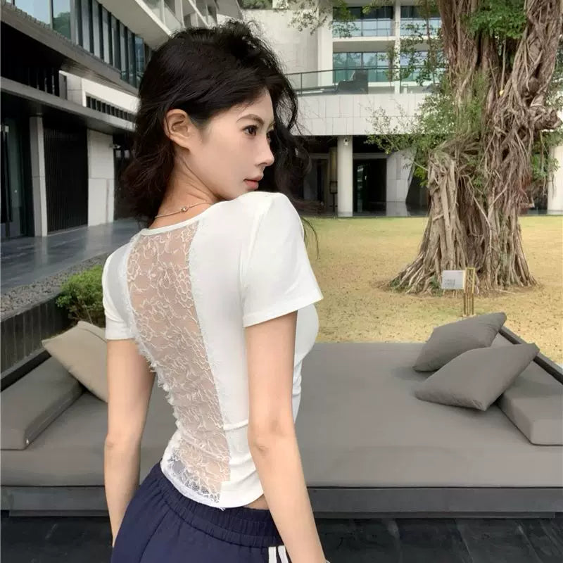 Foreign trade back hollow lace U-neck short sleeved pure cotton t-shirt for women in summer pure desire spicy girl slim fit backless short top