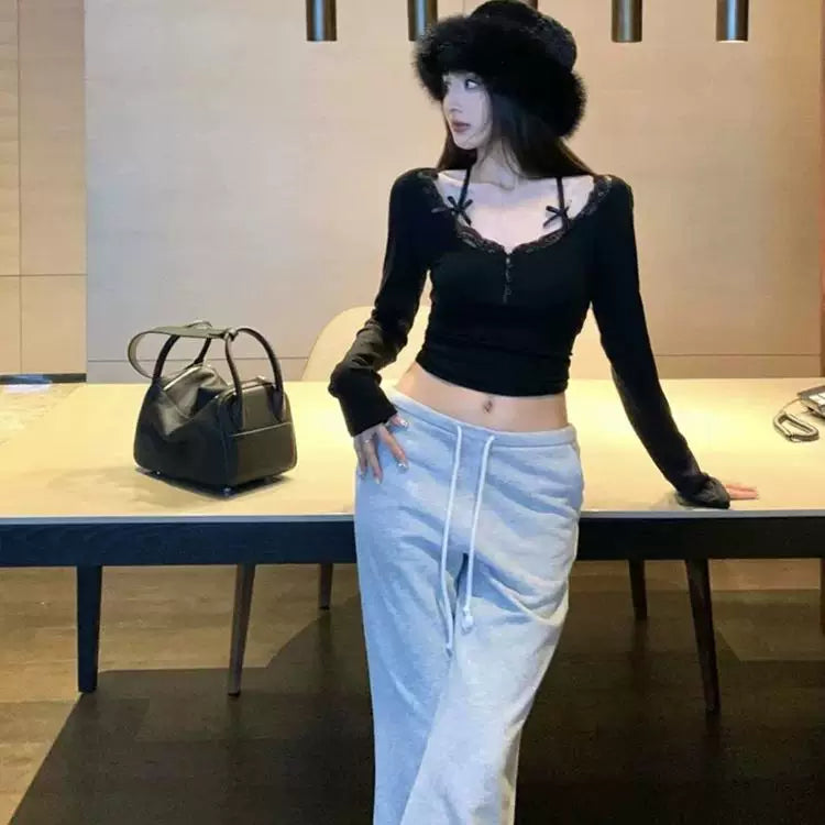 Foreign trade new style pure desire Korean ins suspender spring and autumn base shirt chest revealing top black outer long sleeved t-shirt for women