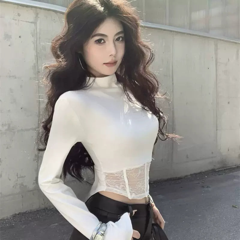 Sexy spicy girl lace patchwork fishbone hourglass waist long sleeved T-shirt for women in spring and autumn, slim fit and slimming design, thin top
