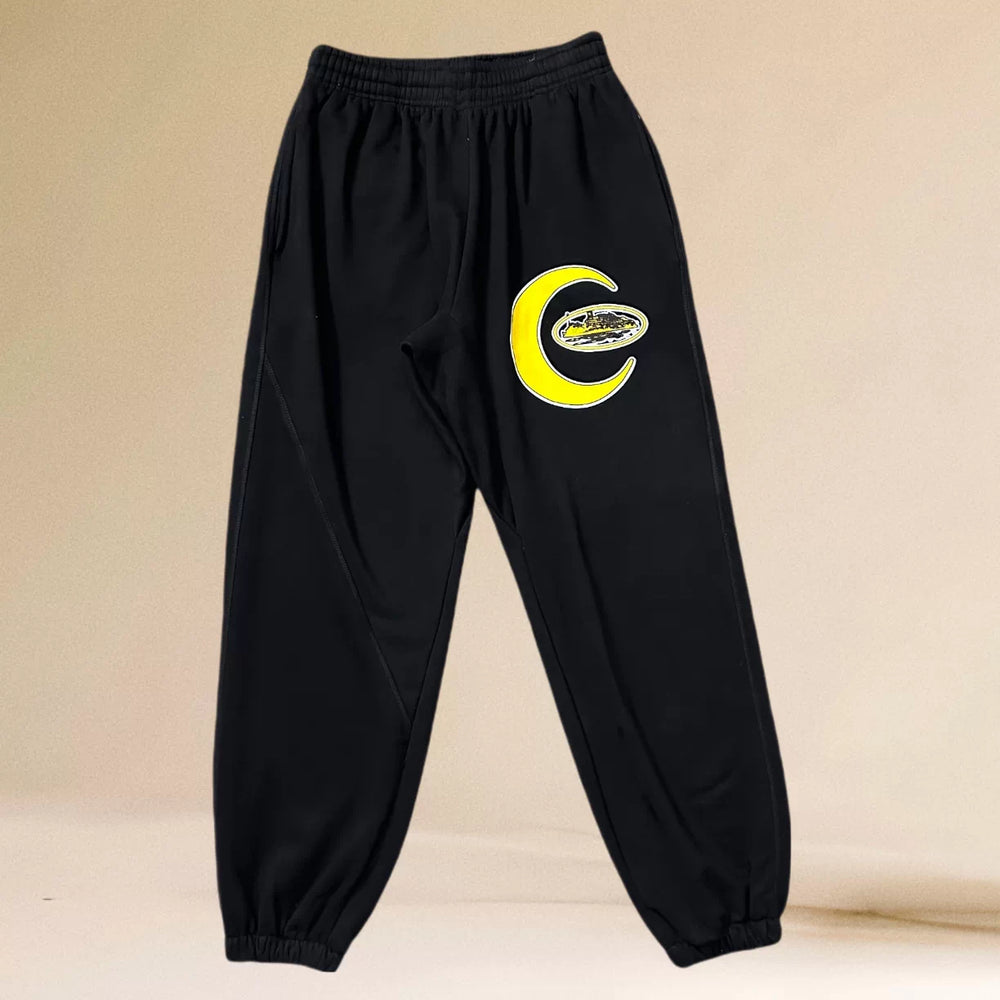 Corteiz Yellow Crescent Moon Heavyweight Sweatpants black