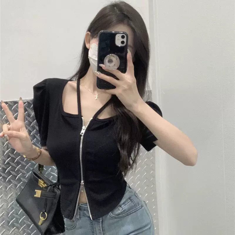 Black pure desire short sleeved T-shirt for women in summer, zipper hanging neck design, slim fit and slimming short style, waist cinching spicy girl top