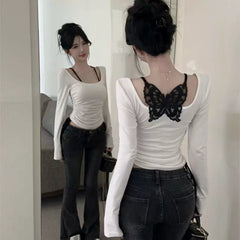 Foreign trade pure cotton square neck long sleeved T-shirt for women, pleated for spring and autumn, pure desire, spicy girl, backless butterfly top, lace base shirt