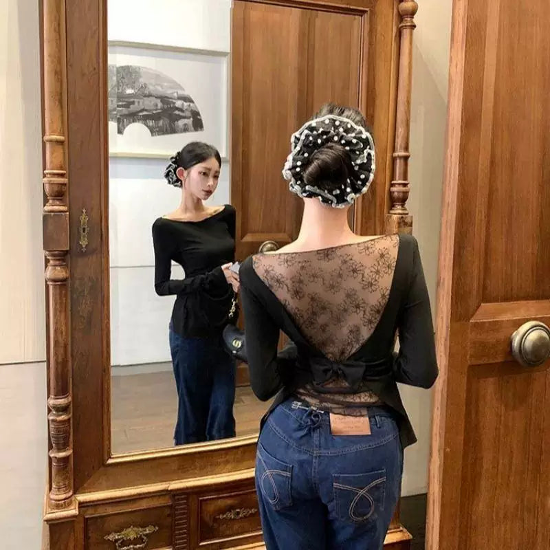 Foreign trade bow lace patchwork long sleeved T-shirt for women in spring and autumn 2025, black pure desire style backless and shoulder less top