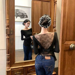 Foreign trade bow lace patchwork long sleeved T-shirt for women in spring and autumn 2025, black pure desire style backless and shoulder less top