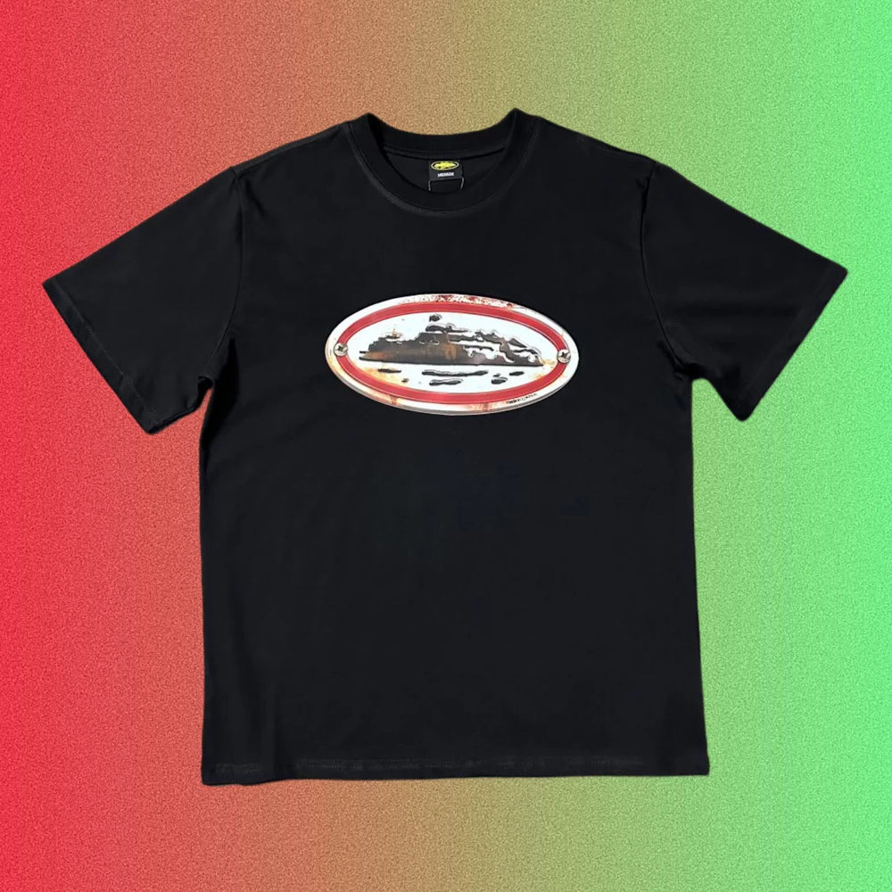 Cortiez Vintage Oval Ship Logo Graphic Black T-Shirt