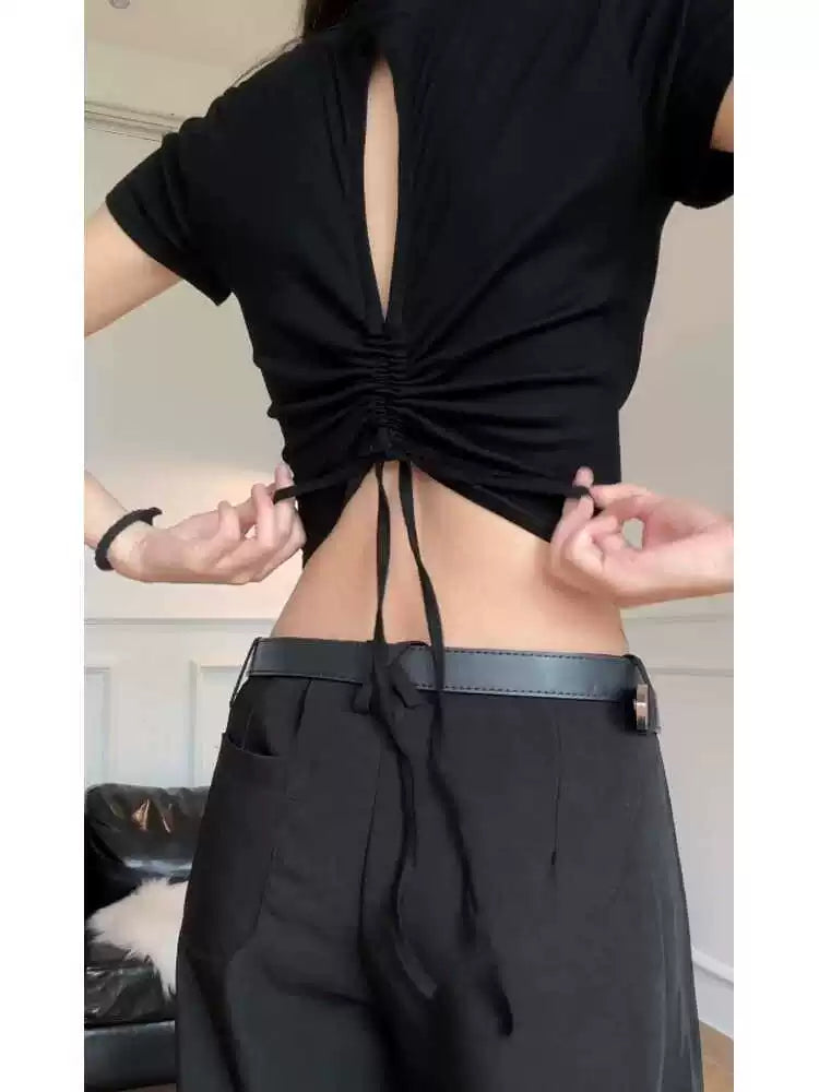 Foreign trade backless drawstring design short sleeved t-shirt women's pure cotton summer spicy girl short top this year's popular small shirt