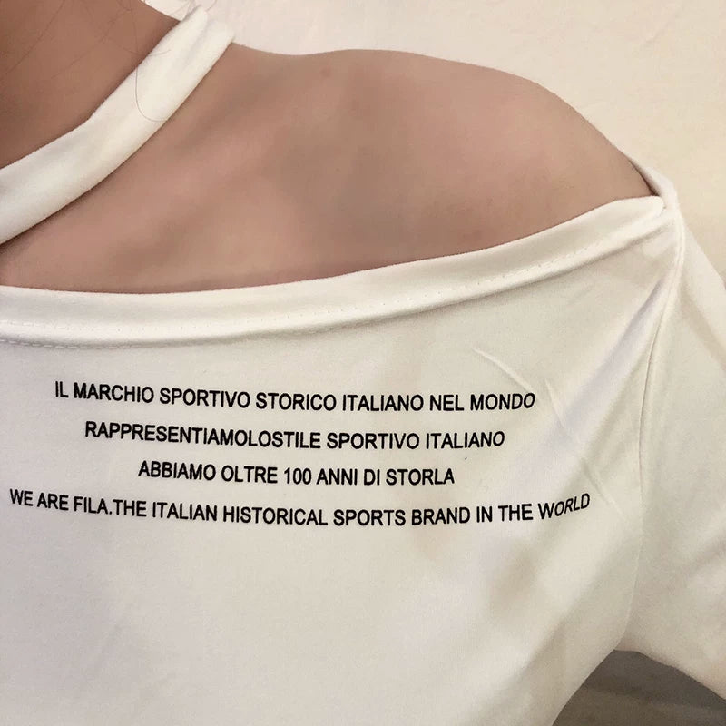 2023 early summer new black chic half sleeved hanging neck off shoulder top, women's American style base short sleeved t-shirt, ins trend