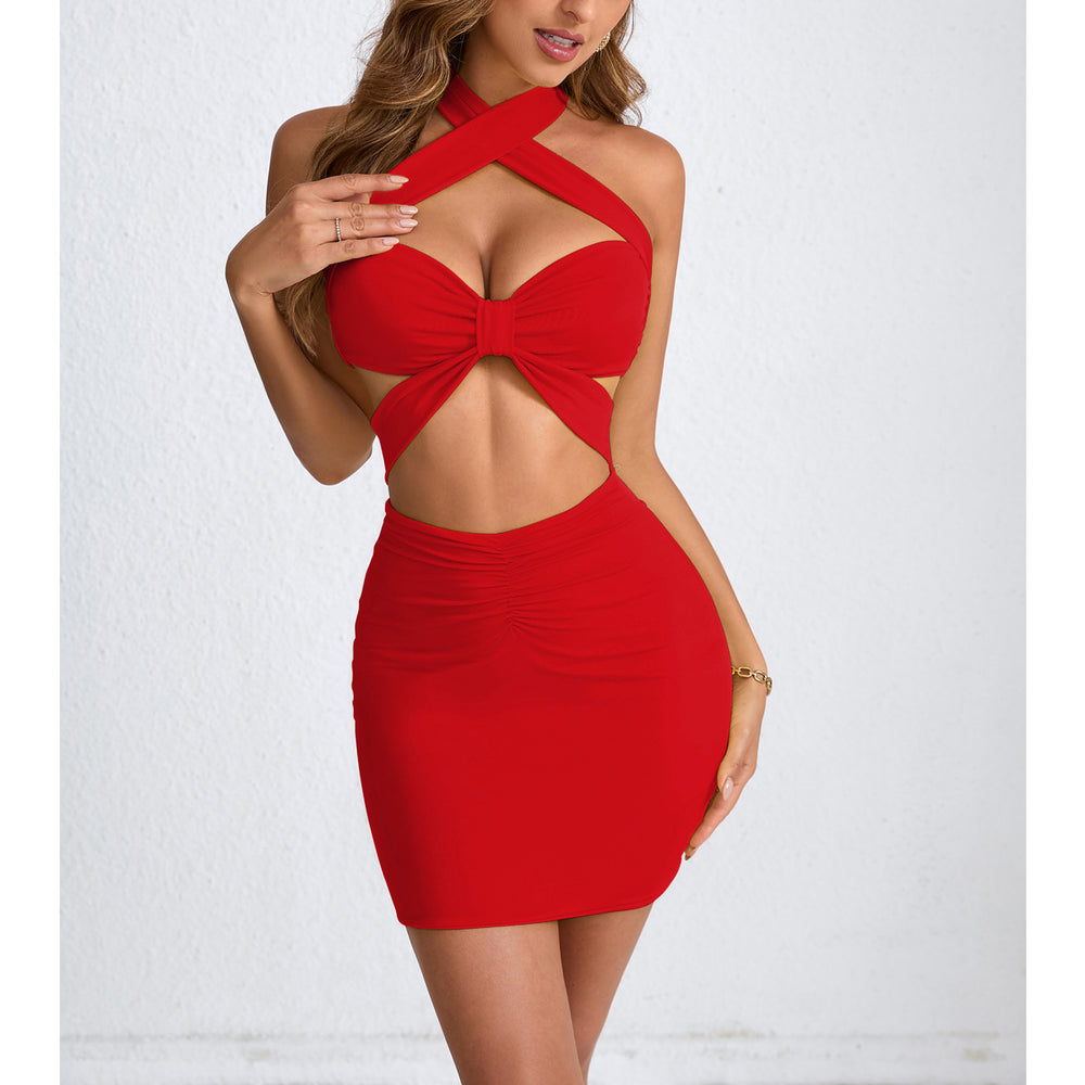 2026 Amazon Cross border New Women's Short Skirt European and American Summer Hollow Neck Bag Hip Sexy Dress