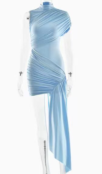 2026 European and American women's summer new fashionable slim fit round neck pleated bag hip irregular sleeveless sexy dress
