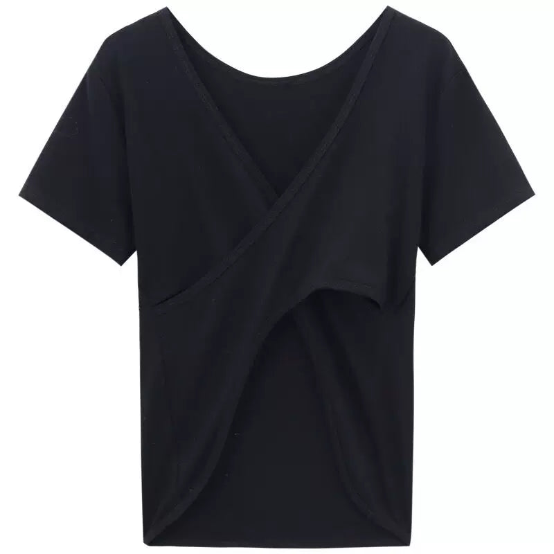 Foreign trade leftover French sweet and spicy girl cross backless design, niche style short sleeved t-shirt, women's summer chic top