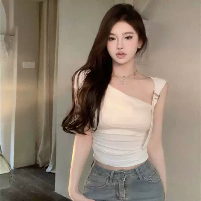 Foreign trade pure desire style one neck irregular off shoulder T-shirt for women, sexy, slim fit, fashionable short top for spicy girls