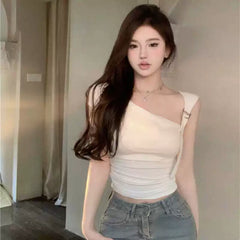 Foreign trade pure desire style one neck irregular off shoulder T-shirt for women, sexy, slim fit, fashionable short top for spicy girls