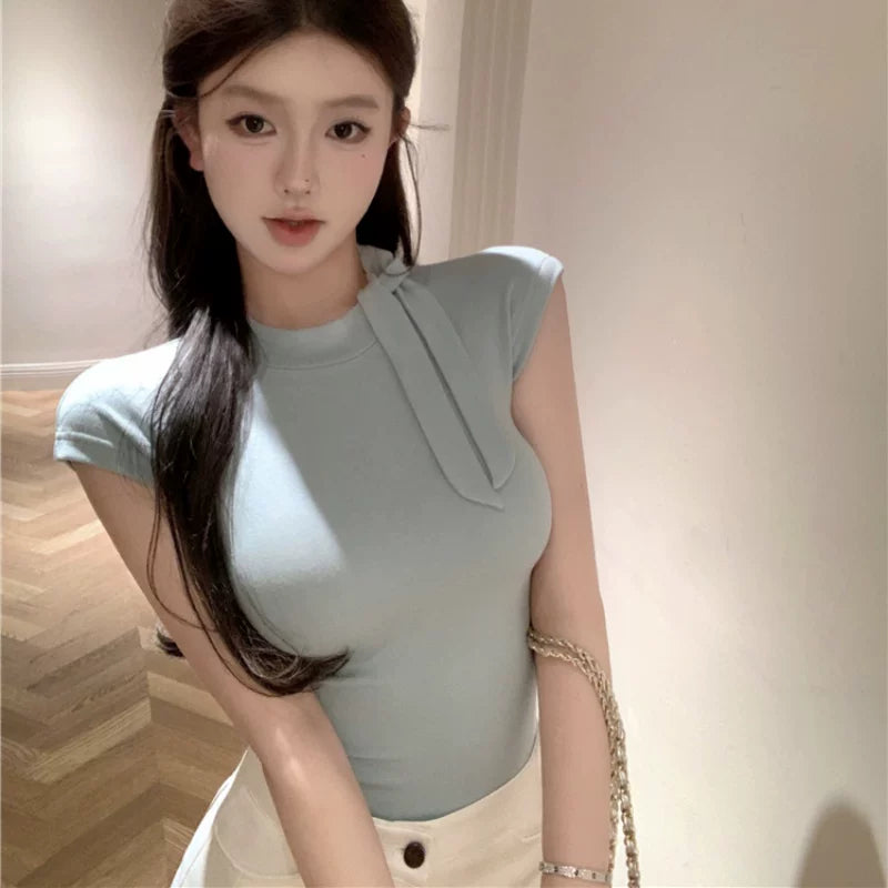 Foreign trade strap short sleeved T-shirt women's pure cotton summer new slim fit sweet and spicy girl chic and beautiful tight fitting inner top