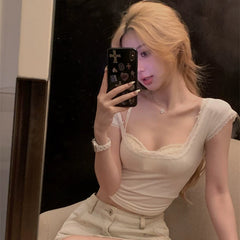 Pure cotton sweet and spicy white lace lace lace short sleeved T-shirt for women's summer slim fit square neck pure desire style sexy short top