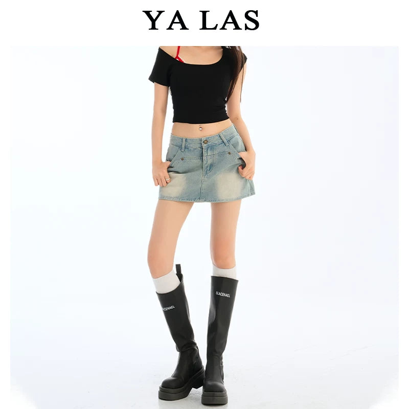 Washed blue denim skirt and pants for women in the summer of 2025, short and slim, versatile design, A-line short skirt