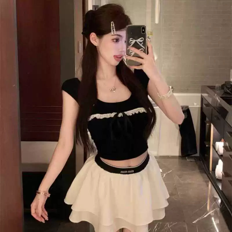 Foreign trade pure desire style spicy girl backless short sleeved t-shirt women's pure cotton lace sweet short style unique exposed navel short top ins