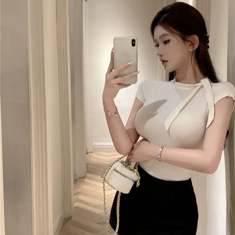Foreign trade strap short sleeved T-shirt women's pure cotton summer new slim fit sweet and spicy girl chic and beautiful tight fitting inner top