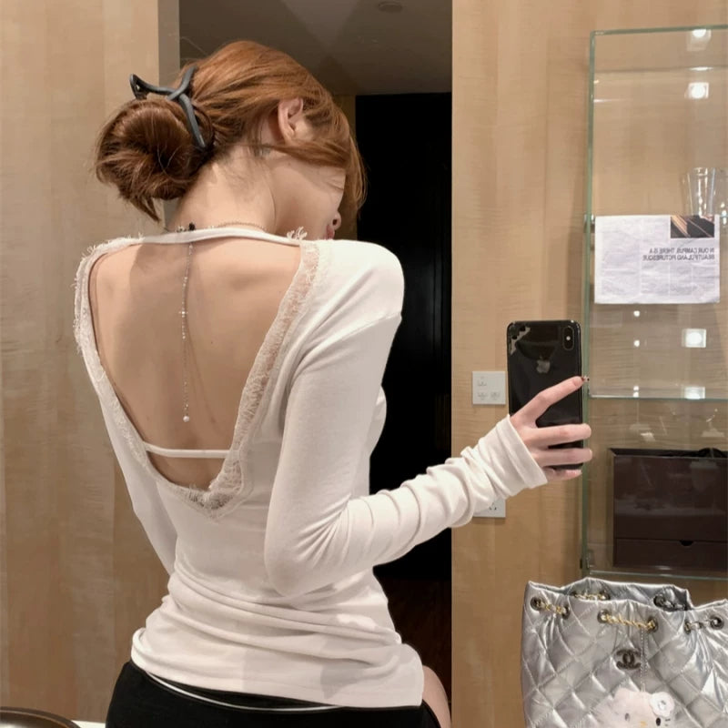 Foreign trade pure cotton backless lace patchwork long sleeved T-shirt for women in spring and autumn, thin fit, skin friendly, pure desire style base shirt