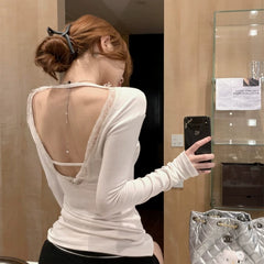 Foreign trade pure cotton backless lace patchwork long sleeved T-shirt for women in spring and autumn, thin fit, skin friendly, pure desire style base shirt