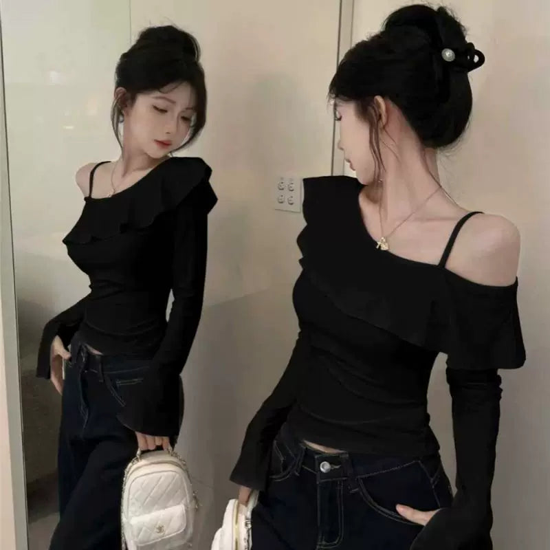 Pure desire style long sleeved t-shirt for women with split flared sleeves, spicy girl with slanted collar and ruffled edges, ins off shoulder top, pure cotton base shirt