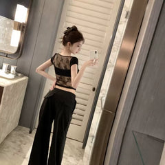 Foreign trade sexy style black lace short sleeved T-shirt for women in summer, slim fit and slimming, Korean ins design sense, niche top