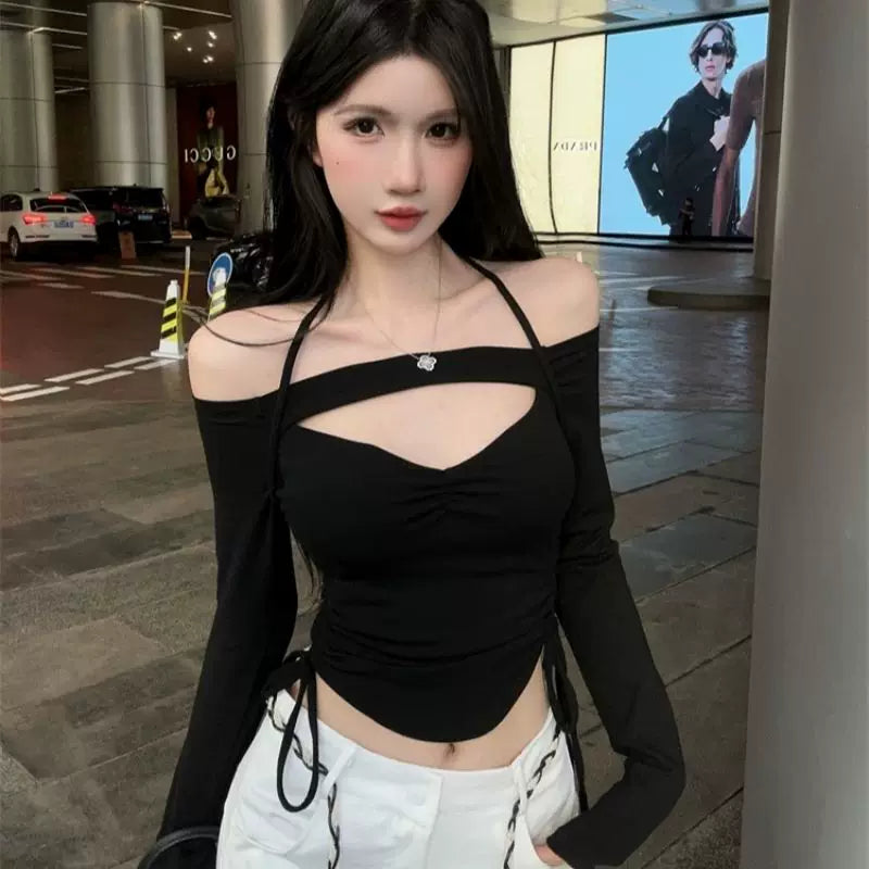 Pure cotton one shoulder hollowed out lace up long sleeved T-shirt for women in spring and autumn, thin design, pure desire, spicy girl, sexy slim fit short top