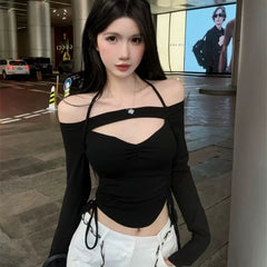 Pure cotton one shoulder hollowed out lace up long sleeved T-shirt for women in spring and autumn, thin design, pure desire, spicy girl, sexy slim fit short top
