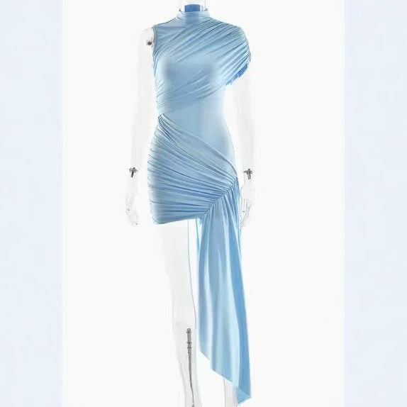 2026 European and American women's summer new fashionable slim fit round neck pleated bag hip irregular sleeveless sexy dress