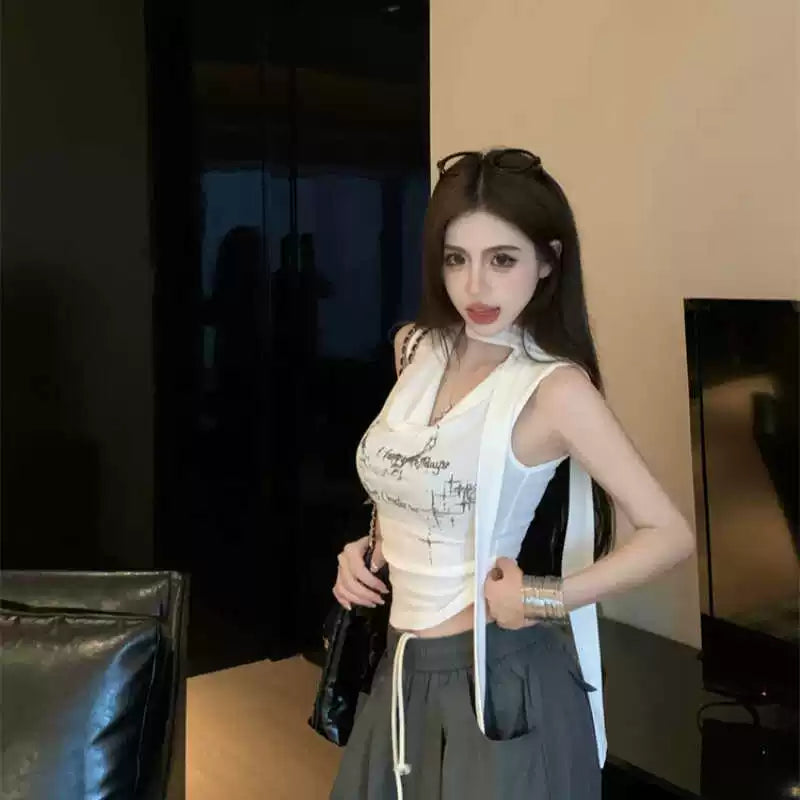 Foreign trade American style spicy girl hanging neck strap t-shirt for women's summer design sense, niche slim fit sleeveless short swing collar top