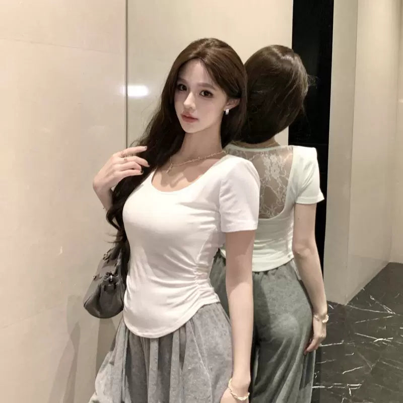Foreign trade pure desire style sexy sweet and spicy girl lace splicing pure cotton short sleeved T-shirt for women's summer U-neck slim fit backless top